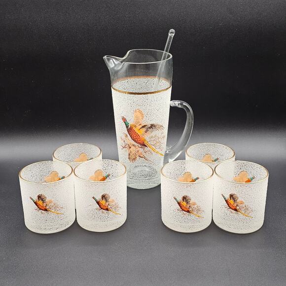 Vintage Pebble Rock Martini Pitcher Set Pheasant Gold Rim 6 Glasses Stirrer 50s - Picture 9 of 9